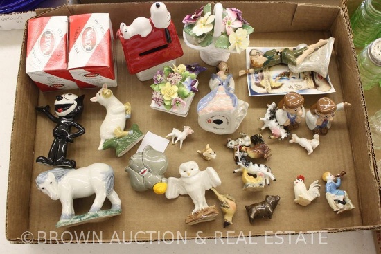 Box lot porcelain figurines - animals, people and flowers