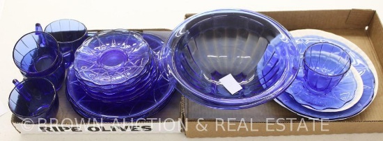 (2) Box lots of blue Depression dishes incl. plates, cups/saucers, bowl, etc.