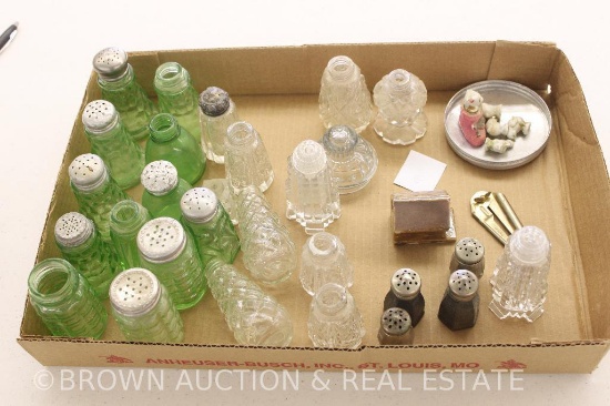 Box lot of glassware - mostly clear and green depression salt and pepper sets