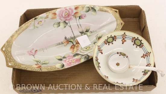 (2) Mrkd. Nippon pcs: scenic celery tray and Deco-style mayonnaise bowl w/spoon