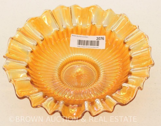 Carnival Glass Smooth Rays bowl with 3-in-1 edge, pedestal base, marigold