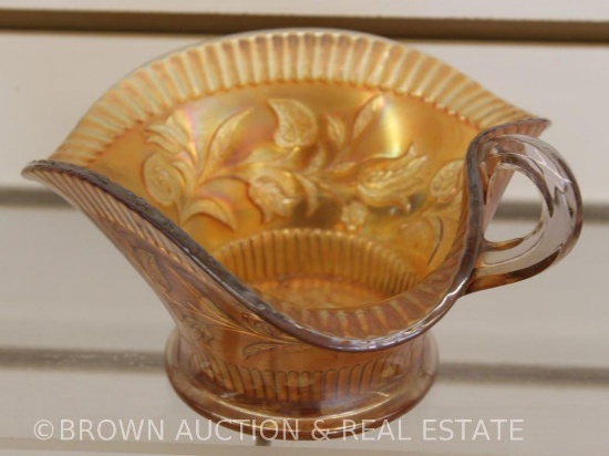 Carnival Glass triangular-shaped handled bowl, floral, marigold