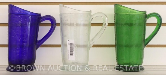 (3) Good Milk/butter/flour/coffee/sugar measuring pitchers: green, clear and cobalt