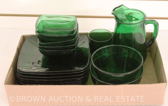 (20) pcs. Fire King emerald green dishes inc. plates, bowls, pitcher, glass