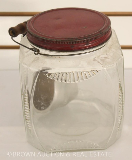 Vintage glass flour canister w/red metal lid and bail handle