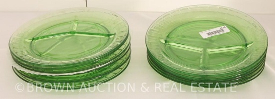 (12) Green Depression 10.25"d divided plates (couple minor chips)