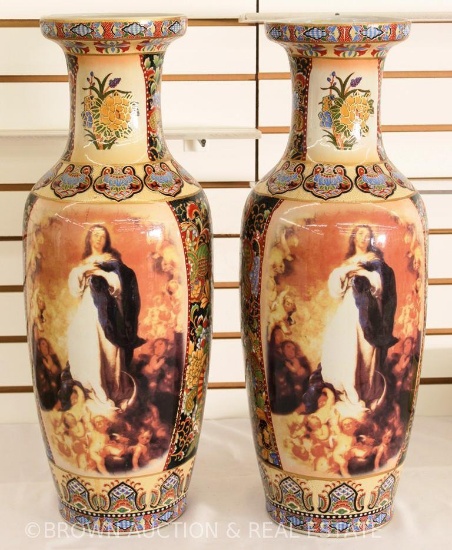 Pr. Decorative 23" tall floor vases, religious-like scene with angels