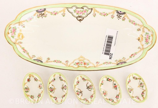 Mrkd. Nippon celery tray and (5) individual salts, garlands of pink roses