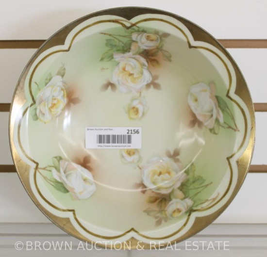 Mrkd. Royal Austria 10.5"d bowl, large white roses tinted yellow on lt green background