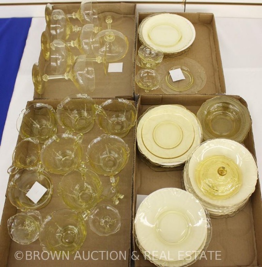 (4) Box lots assorted Elegant Depression glassware, all yellow, incl. cups/saucers, salt dips,