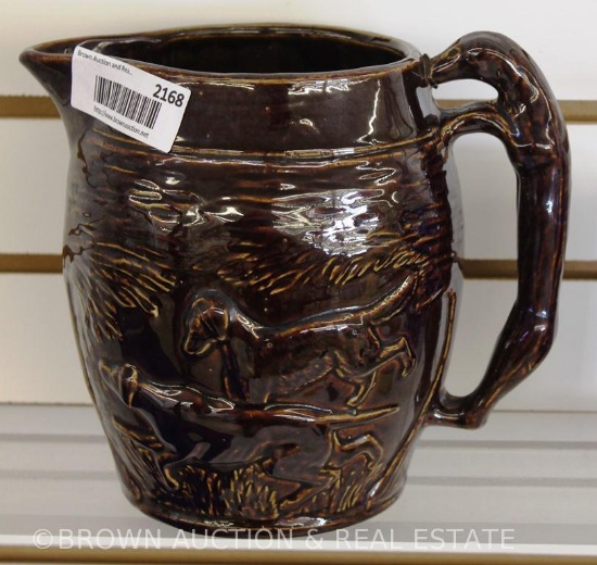 Rockingham 7.5"h pitcher with hunting dogs scene and hound-form handle