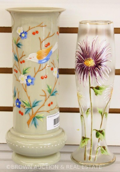 (2) Vases: 1-Bristol 10" with enameled bird and flowers d?cor; 1-9.5" frosted with enamelled flowers