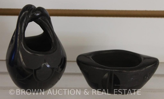 (2) Native American black on black pieces: 4"h vase and 1.25"h x 4"l bowl