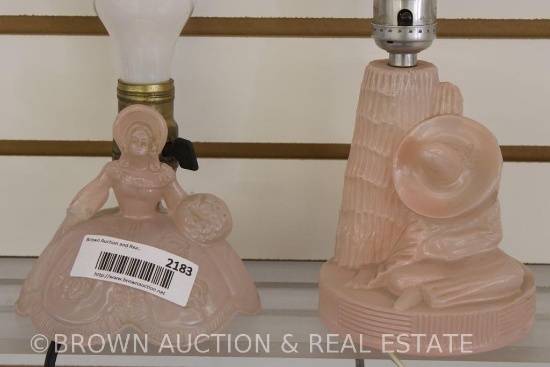 (2) Pink Satin boudoir lamps: girl in ball gown and napping man in sombrero