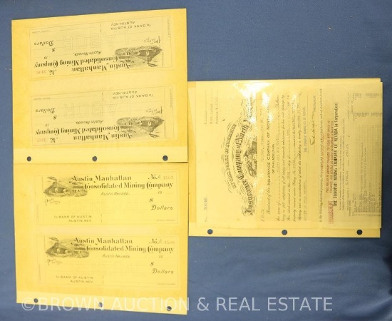 Paper goods - old Austin Manhattan Consolidated Mining Co. checks and Insurance policy dated 1913