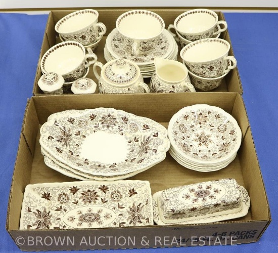 Mason's Transferware Bow Bells pattern dishes, brown and white incl. cups and sauders, creamer and