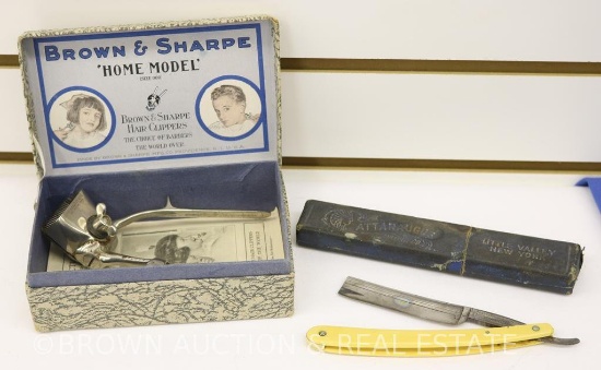 Straight edge razor w/celluloid handle, razor box and Brown and Sharpe "Home Model" hair clippers in