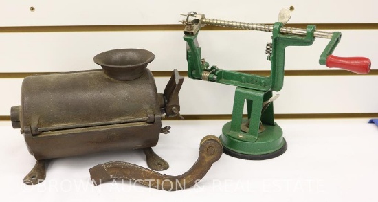 Vintage apple peeler and Cast Iron Jas. L. Haven and Co. meat grinder