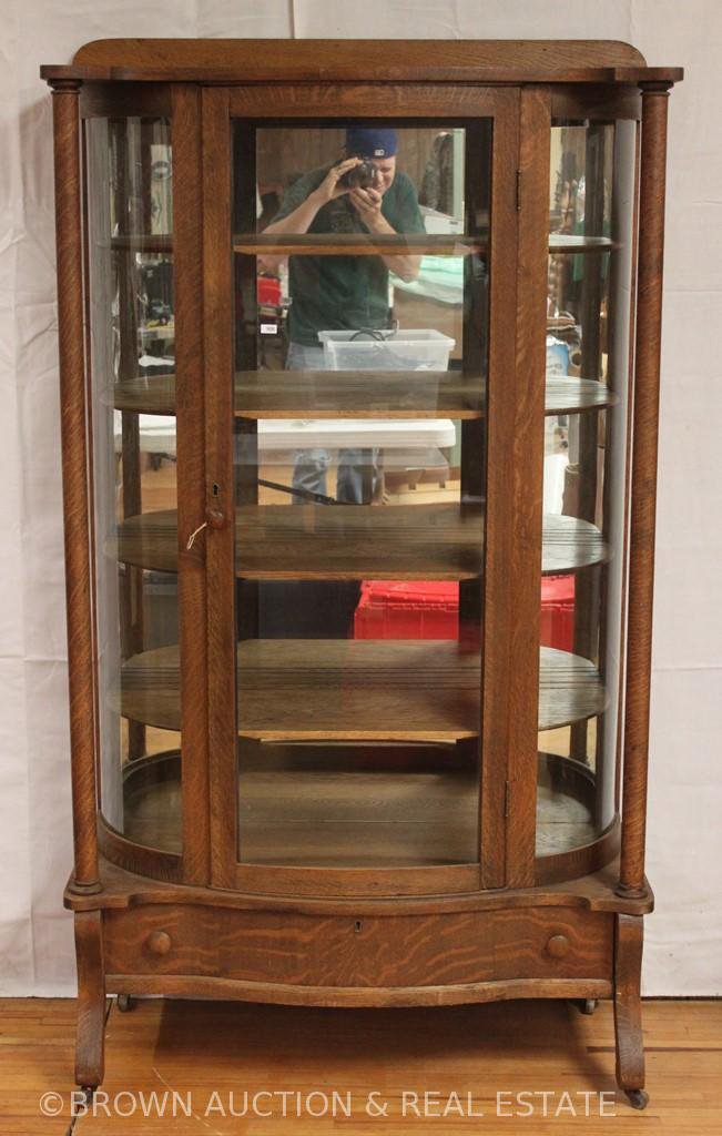 Oak Curved Glass China Cabinet W Storage Drawer Base Pillars