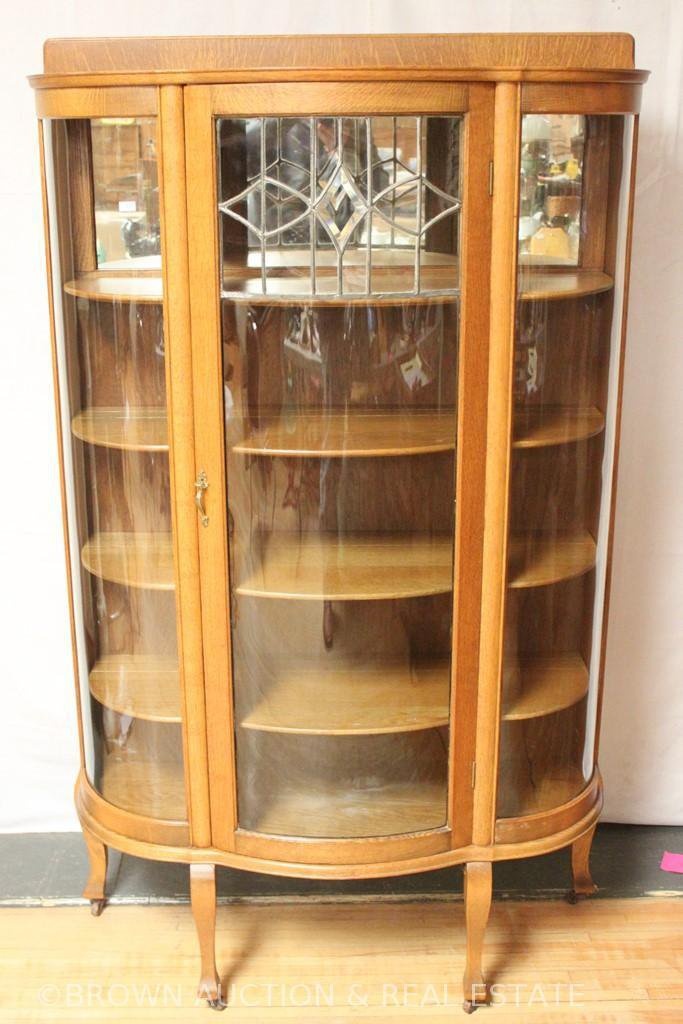 Oak Curved Glass China Cabinet W Top Leaded Glass Pane On Door