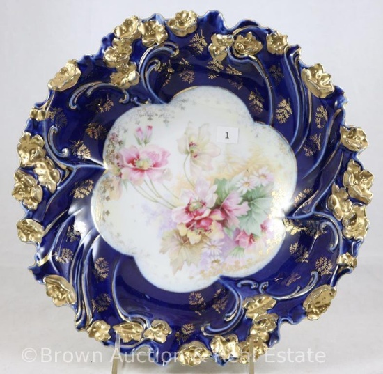 R.S. Prussia Mold 57 cobalt bowl, 10.5"d, mixed floral center, gold stenciling and gold decorated