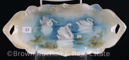 R.S. Prussia Mold 304 relish tray, 9.5"l, Swans on lake, red mark