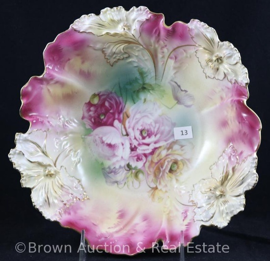 R.S. Prussia Carnation Mold 28 bowl, 10"d, multi-colored roses with great rose finish and gold