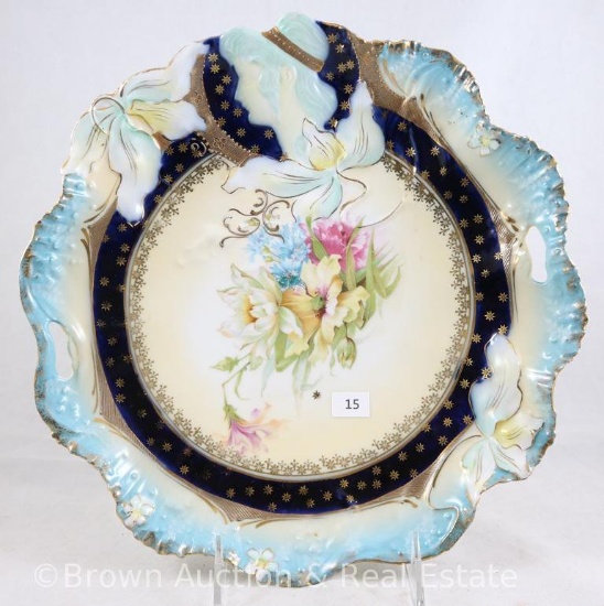 R.S. Prussia Hidden Image 11"d cake plate, floral center bordered by gold stenciling and cobalt