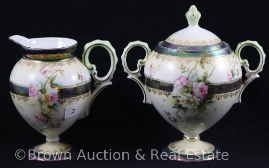 R.S. Prussia Mold 601 creamer and sugar w/lid, pink and white flowers on white, nice Tiffany finish