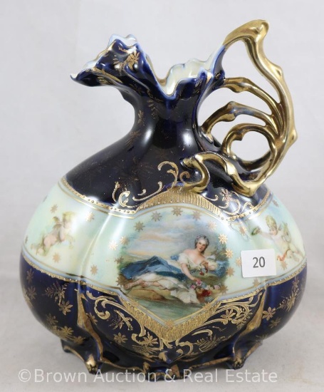 R.S. Prussia Mold 959 ewer, 6.5"h, Dina the Huntress on front with Flora on reverse, cobalt finish