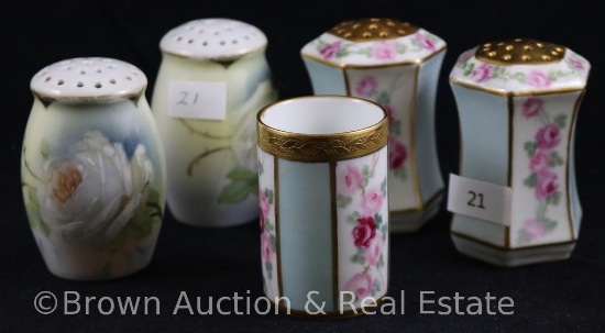 Pr. Royal Bayreuth salt and pepper shakers and matching toothpick holder, vertical panels of dainty