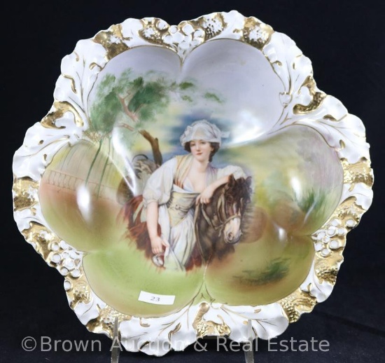 Mrkd. Royal Bayreuth 10.5"d bowl, Lady with horse (leaning on left arm), heavy gold accents on