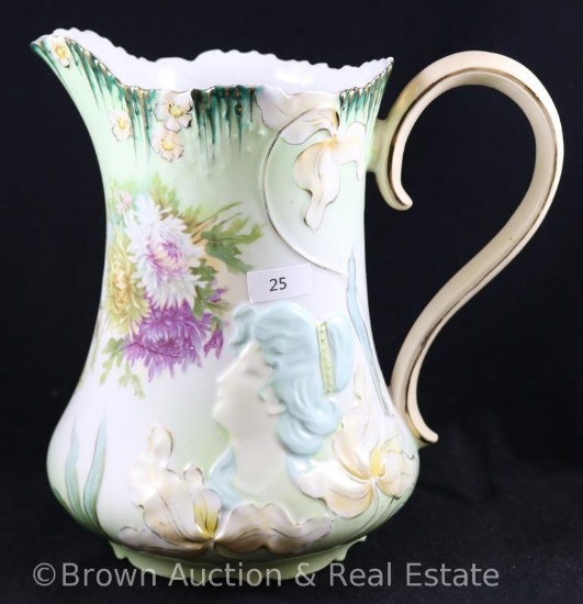 R.S. Prussia Hidden Image Mold 515 pitcher, 9" tall, multi-colored flowers on white and mint green,