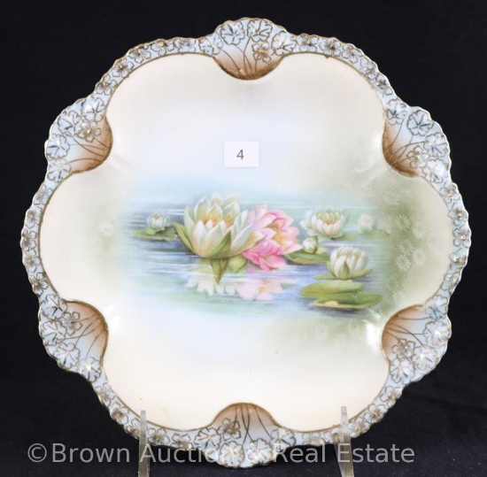 R.S. Prussia Mold 53 plate, 8.5"d, Reflecting water lilies, lt. blue border finish w/gold