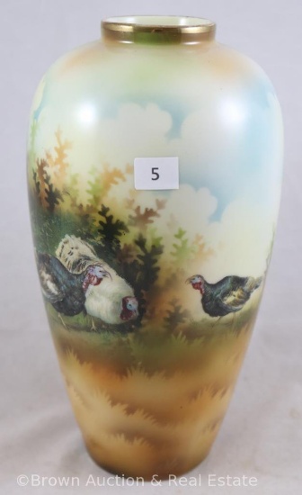 R.S. Prussia Mold 910 vase decorated with Turkeys, 8.5" tall