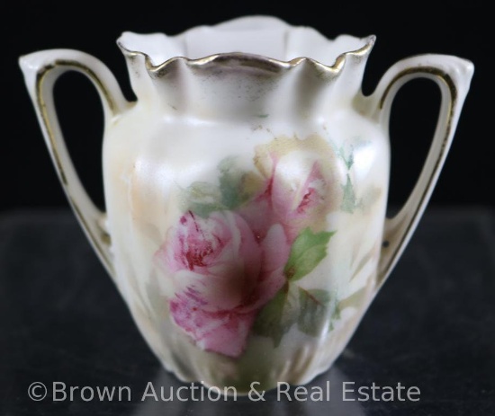 R.S. Prussia Mold 540a 2.25"h dbl. handled toothpick holder, pink roses on white satin finish (rim