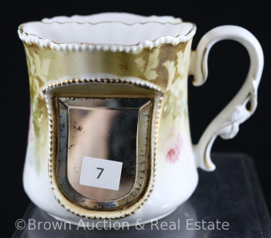 R.S. Prussia 3.5"h mustache cup w/beveled mirror, pink roses on white w/green accents and gold trim,