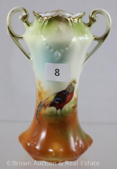 R.S. Prussia Mold 918 Salesman Sample 4"h vase, Pheasant, red mark