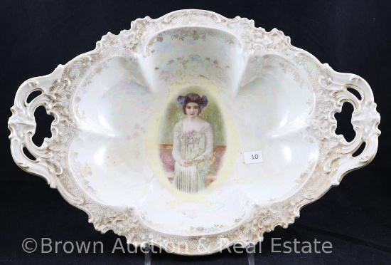 Mrkd. Prov Saxe 14"l bowl w/pierced handles, Woman holding Flowers on iridized white finish w/lots