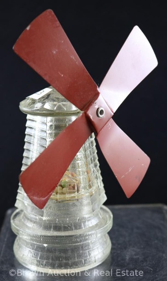 Glass candy container, clear windmill w/red metal blade