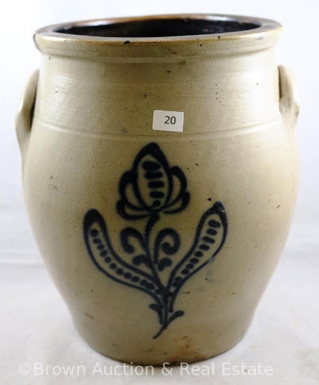 Stoneware 10"h crock, dbl. moldled handles, blue tulip d?cor (few chips)