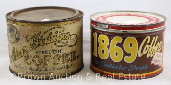 (2) One pound tin coffee cans: "Golden Wedding" Steel Cut and 1869 Coffee" by Shear Coffee Co.