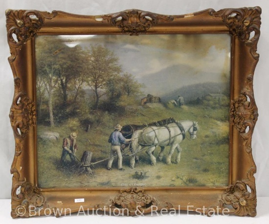 Framed picture "The Clearing" (copyright 1908 by A. Fox), meas. 24"w x 20.5"h (ornate frame with few