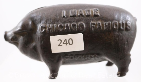 Cast Iron "I made Chicago Famous" piggy bank, 4"l