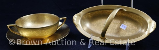 Mrkd. Pickard Rose and Daisy gold dbl. handled 5"d bowl w/underplate and relish tray w/center handle