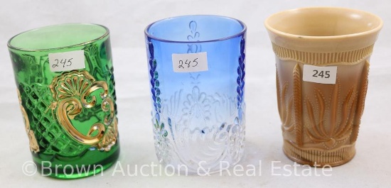 (3) Tumblers: EAPG green Croesus; Chocolate Glass in Cactus pattern; EAPG clear to blue shading