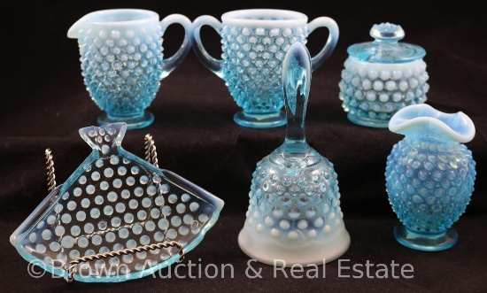 (6) Fenton blue opalescent Hobnail pieces incl. bell, mustard pot, creamer and sugar, vase and
