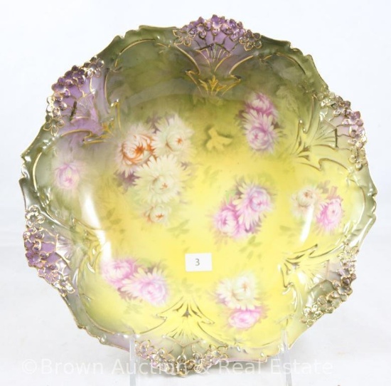 R.S. Prussia 9.5"d bowl, pink and white mums on yellow/green background, purple shaded floral mold
