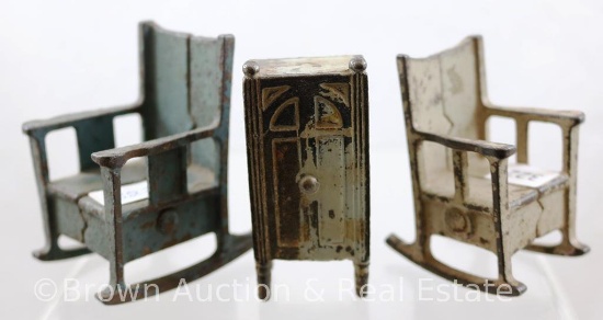 (2) Cast Iron miniature rocking chairs and CI cabinet radio
