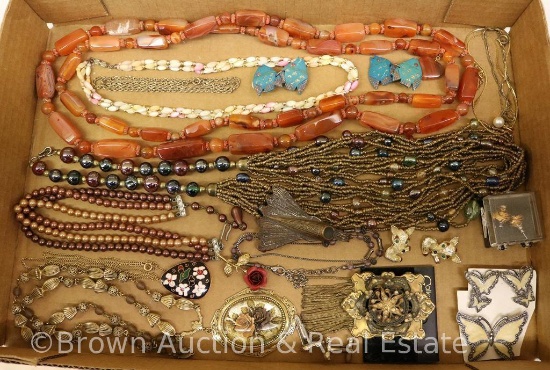 Box lot of costume jewelry - necklaces, earrings and broaches